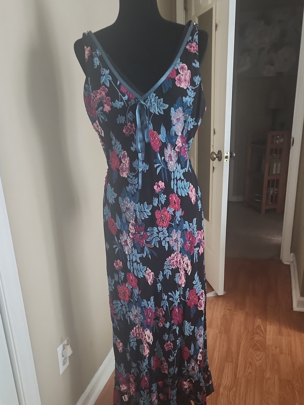 Black Floral Maxi Dress with Blue and Pink Flowers